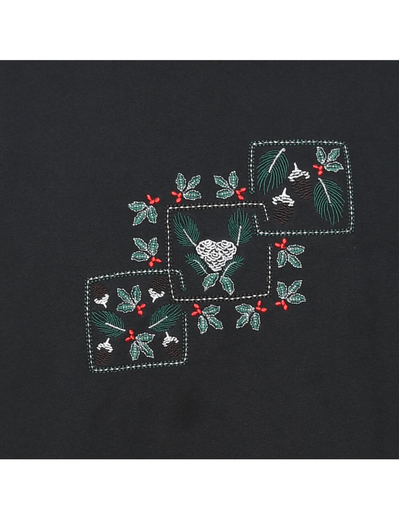 Embroidered Black & Red Contrast Collar Sweatshirt - XL
