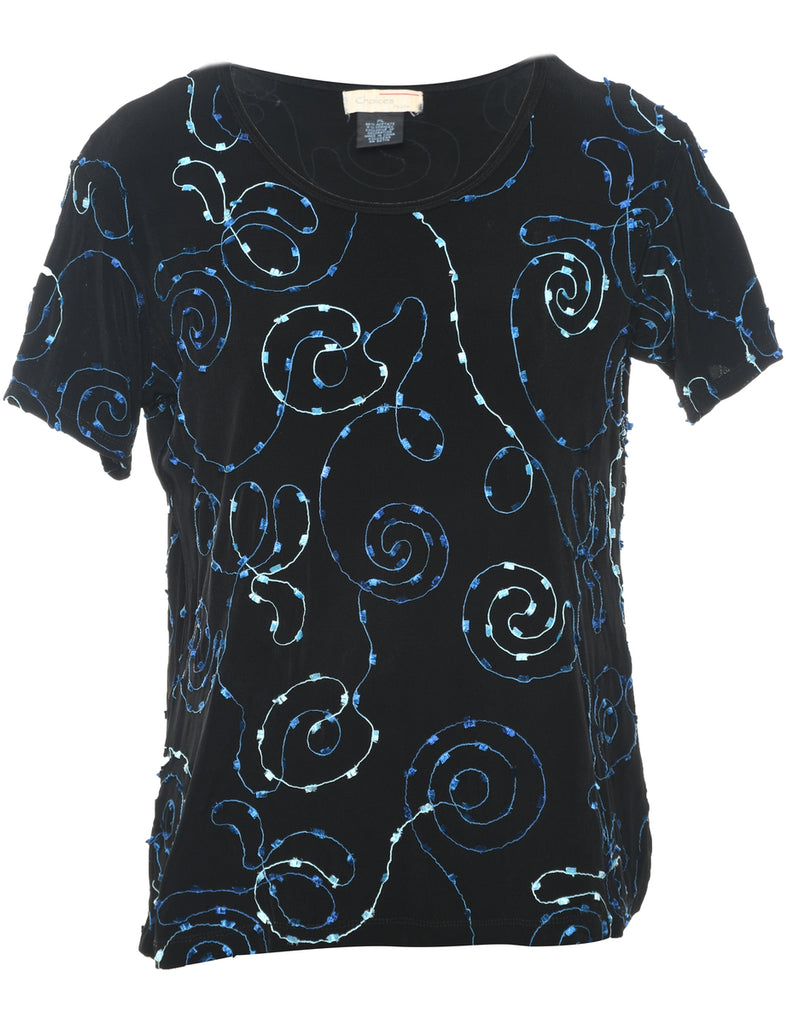 Embroidered Black Top - L