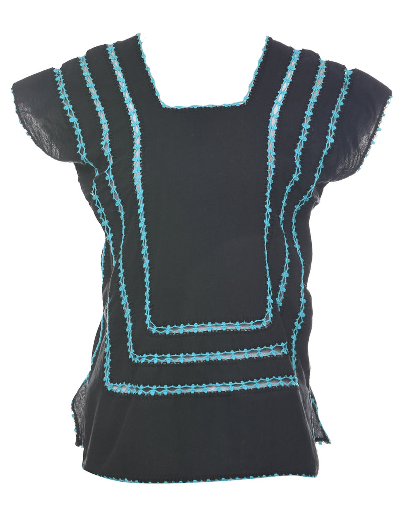 Embroidered Black Top - M