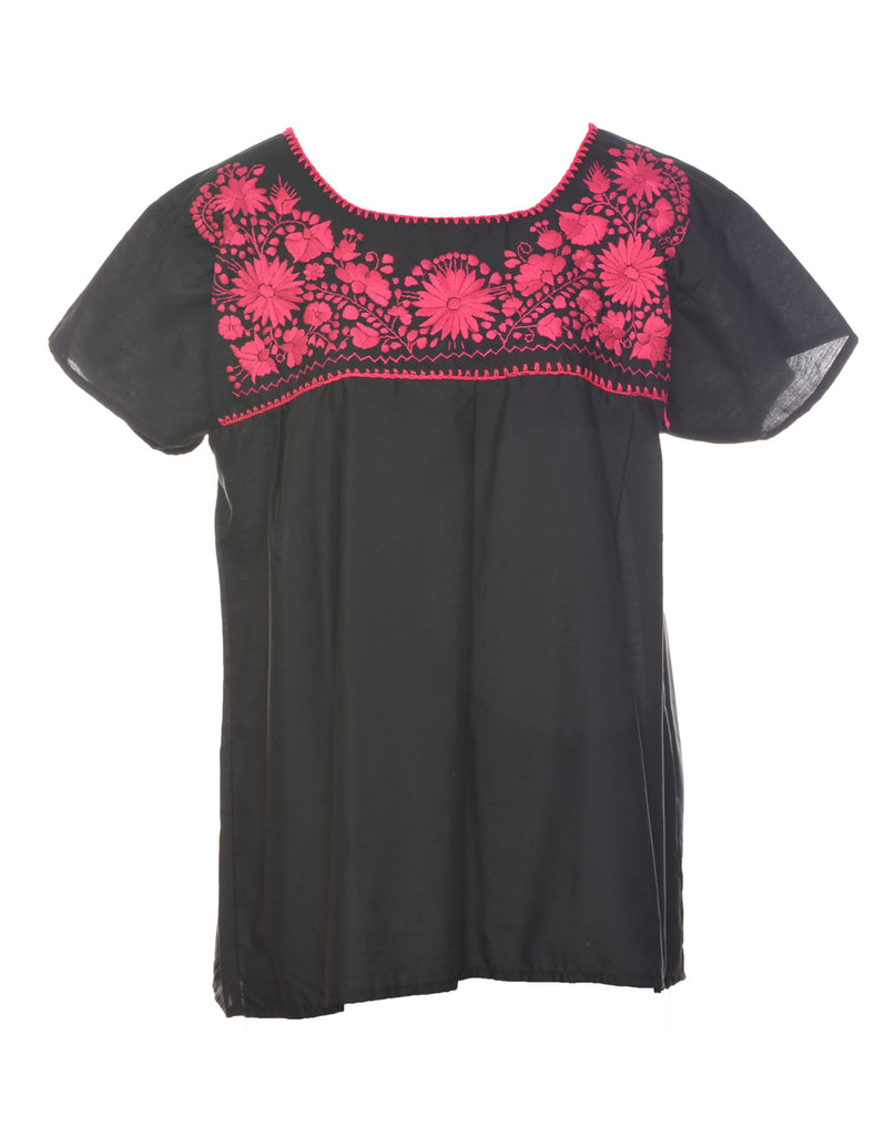 Embroidered Black Top - L