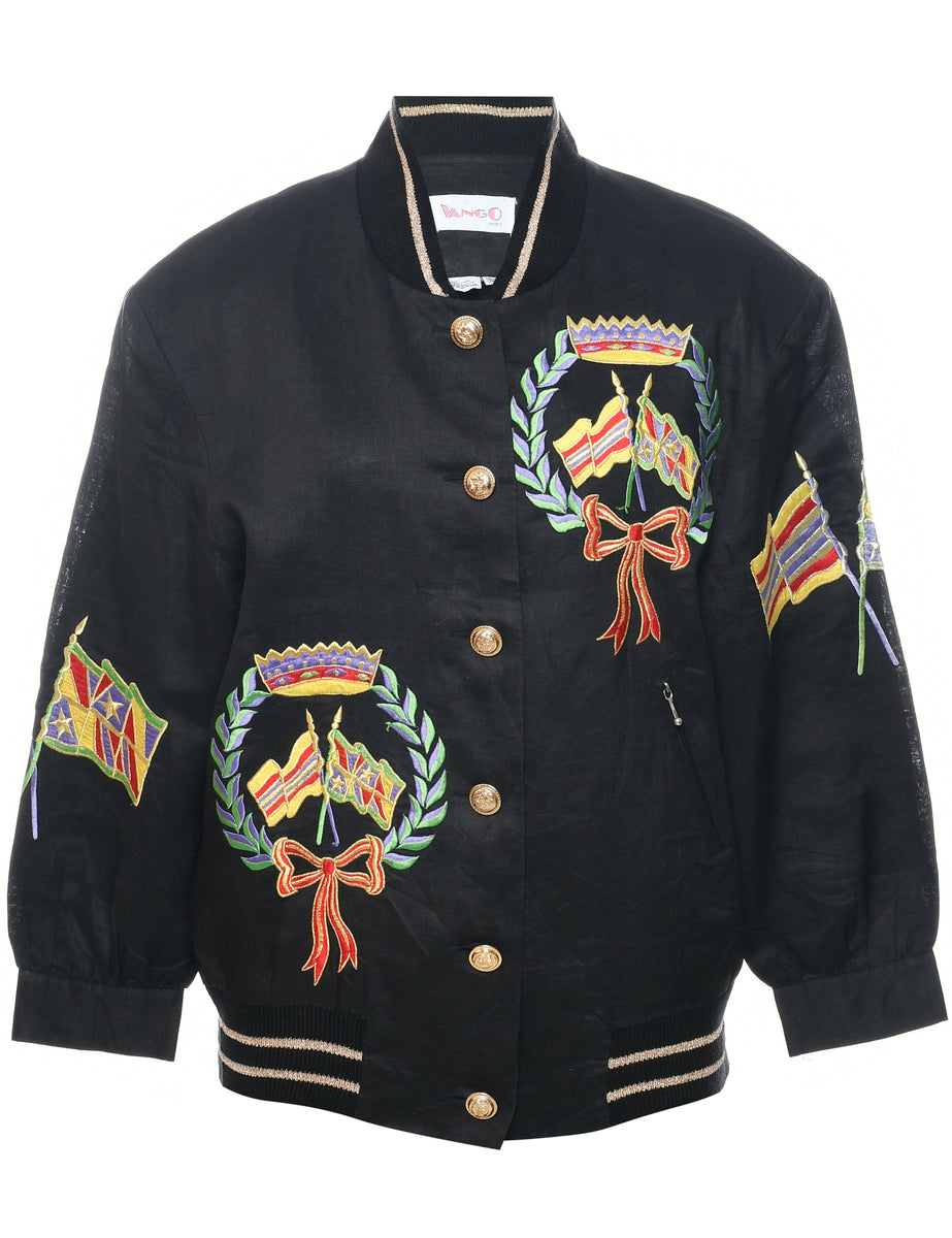 Women's Embroidered Bomber Jacket Black, M Beyond Retro