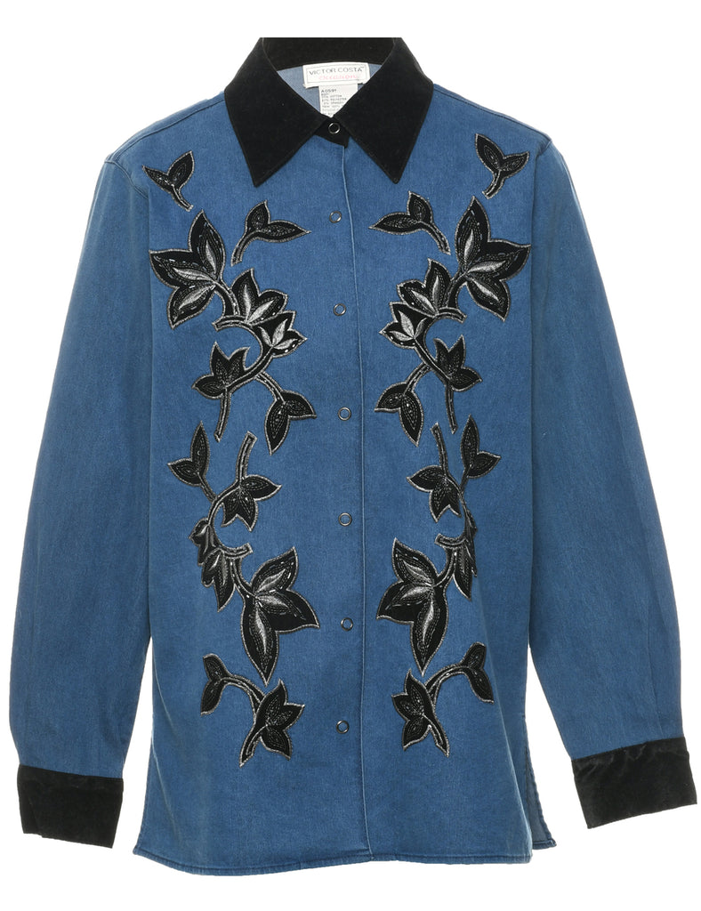 Embroidered Floral Denim Shirt - XS