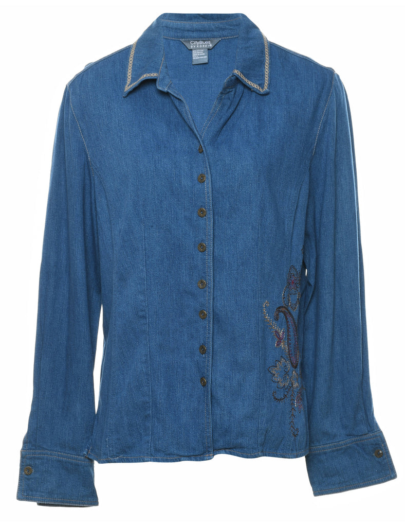 Embroidered Medium Wash Floral Denim Shirt - L