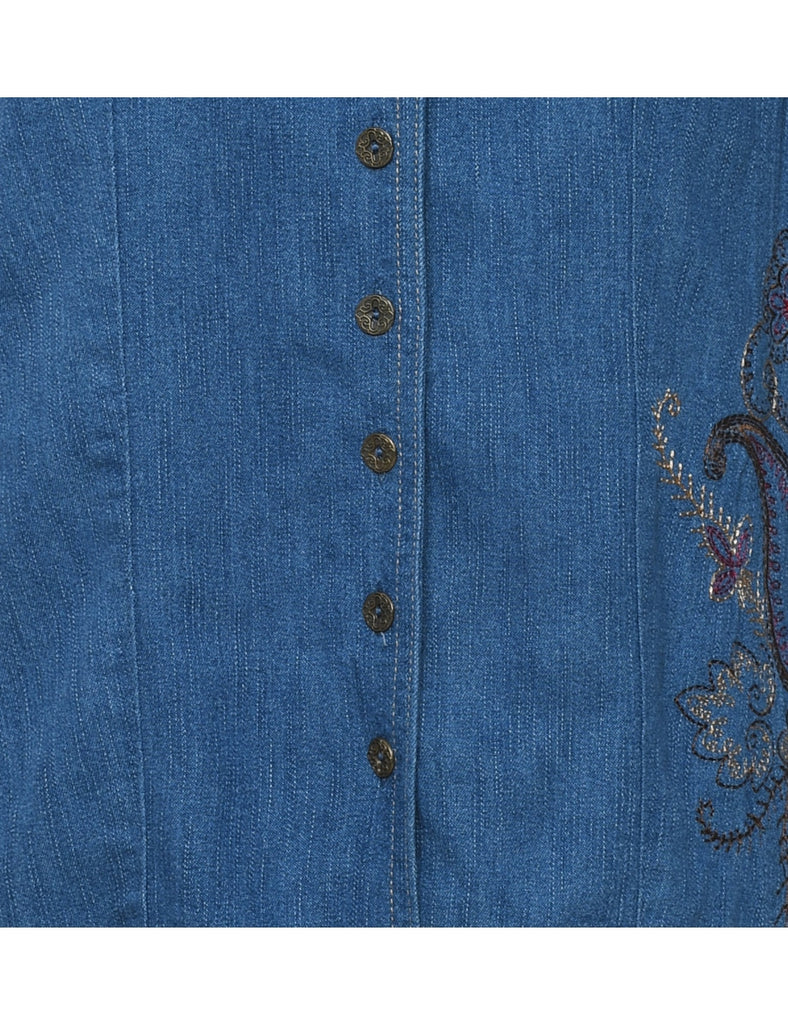 Embroidered Medium Wash Floral Denim Shirt - L