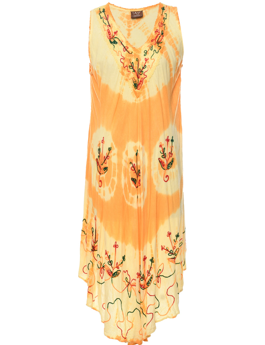 Women's Embroidered Tie-dye Effect Dress Yellow, XL | Beyond Retro Women's Embroidered Tie-dye Effect Dress Yellow, XL | Beyond Retro