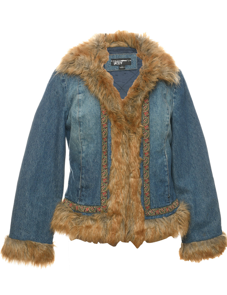 Faux Fur Trim Y2K Denim Jacket - L