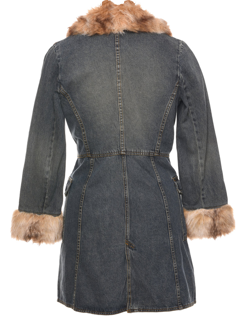 Faux Fur Trim Y2K Denim Jacket - S
