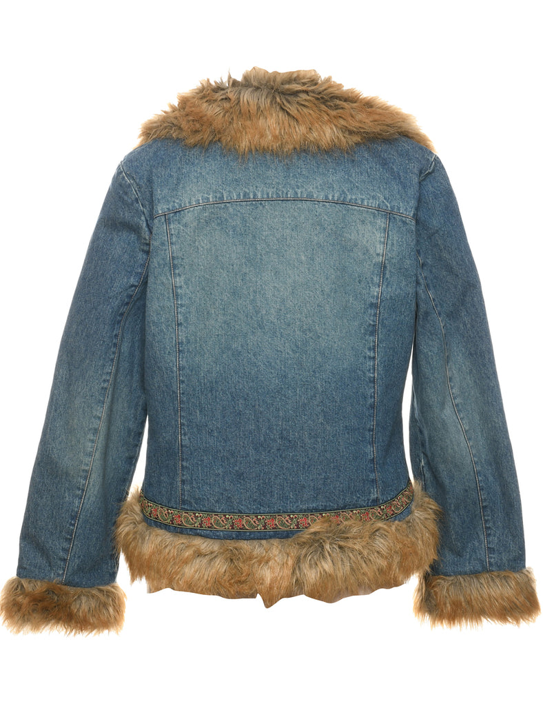 Faux Fur Trim Y2K Denim Jacket - L