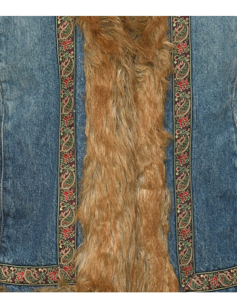 Faux Fur Trim Y2K Denim Jacket - L