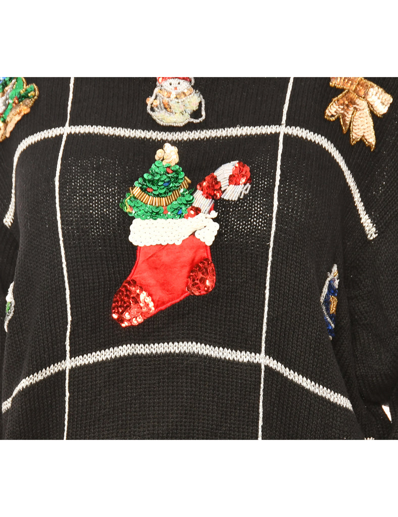 Festive Print Black Christmas Jumper - L