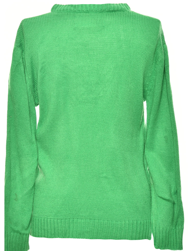 Festive Print Green Reindeer Christmas Jumper - S