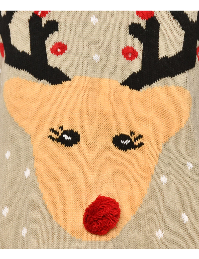 Festive Print Reindeer Christmas Jumper - S