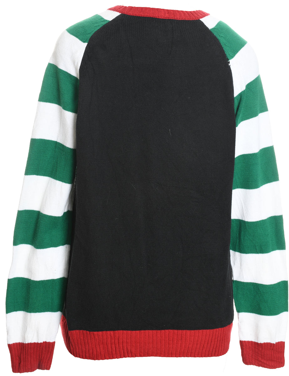 Festive Print Striped Knit Christmas Jumper L