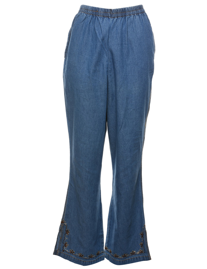 Flared Leg Embroidered Medium Wash Denim Trousers - W20 L32