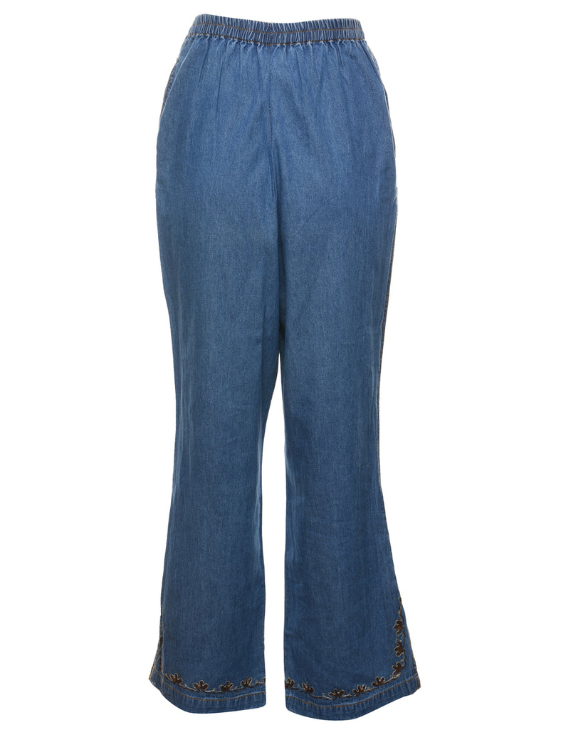 Flared Leg Embroidered Medium Wash Denim Trousers - W20 L32