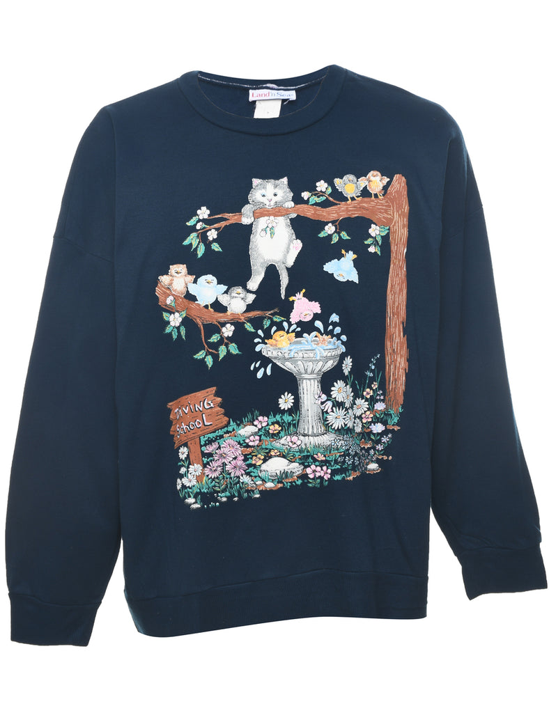Floral & Cat Print 1990s Sweatshirt - L
