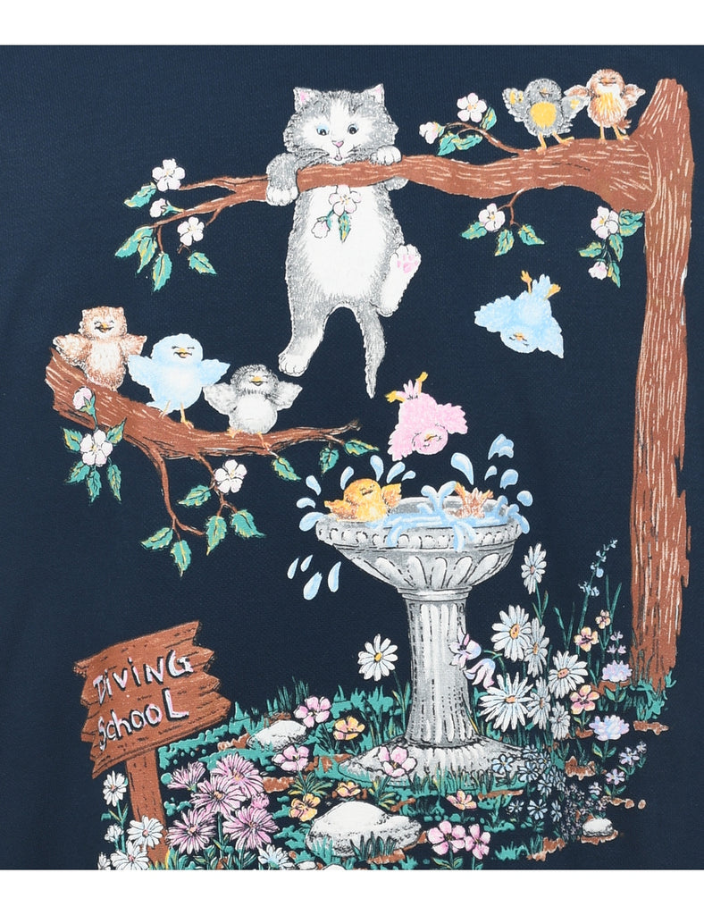 Floral & Cat Print 1990s Sweatshirt - L