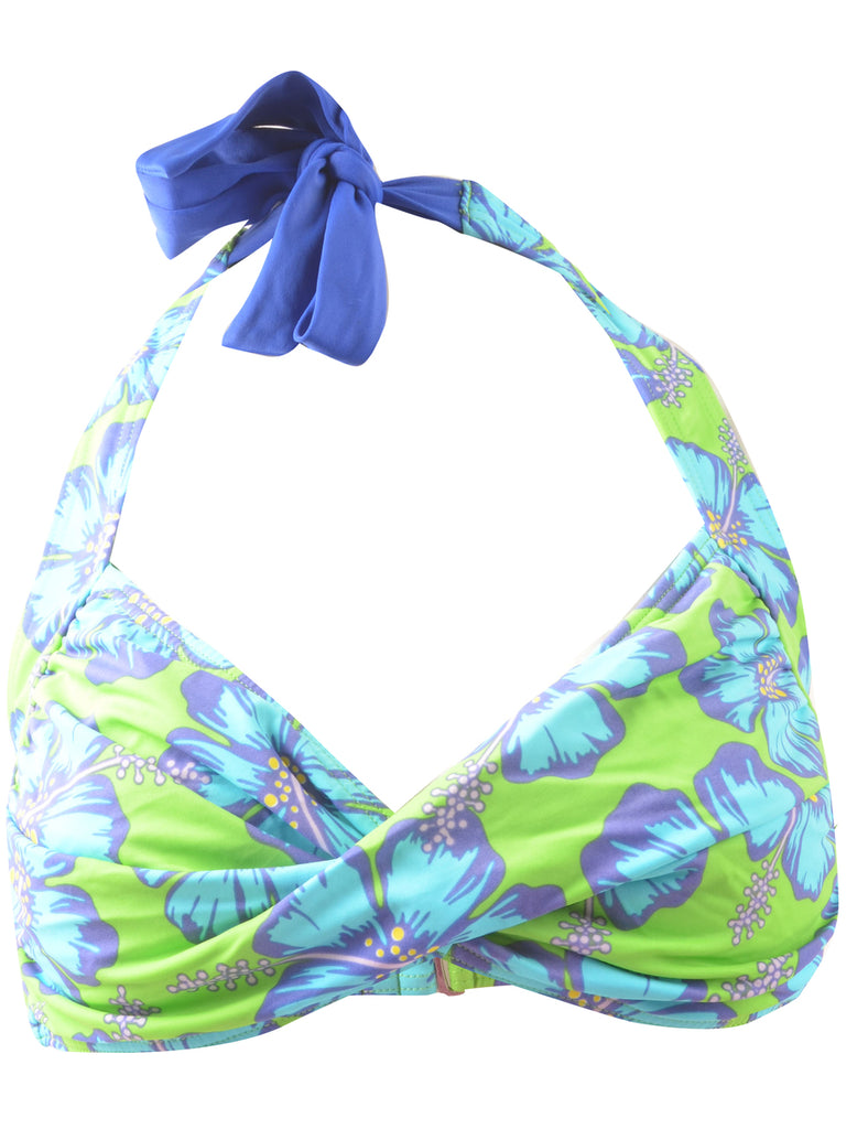 Floral Design Blue & Green Halterneck Bikini Top - L