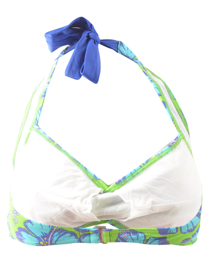 Floral Design Blue & Green Halterneck Bikini Top - L