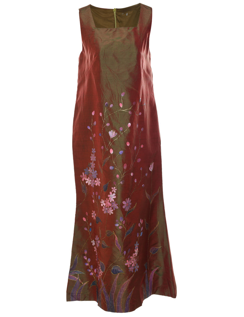 Floral Design Multi-Colour Metallic Evening Dress - M