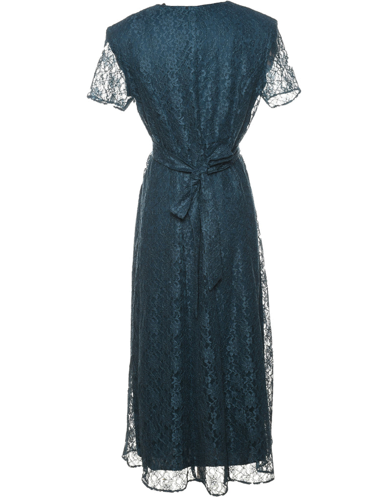 Floral Lace Blue Belt Fasten Evening Dress - L