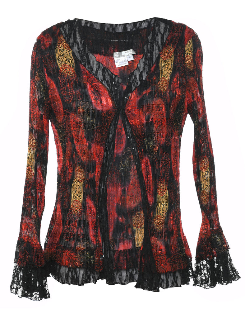 Floral Pattern Black & Red Sparkly Y2K Blouse - L