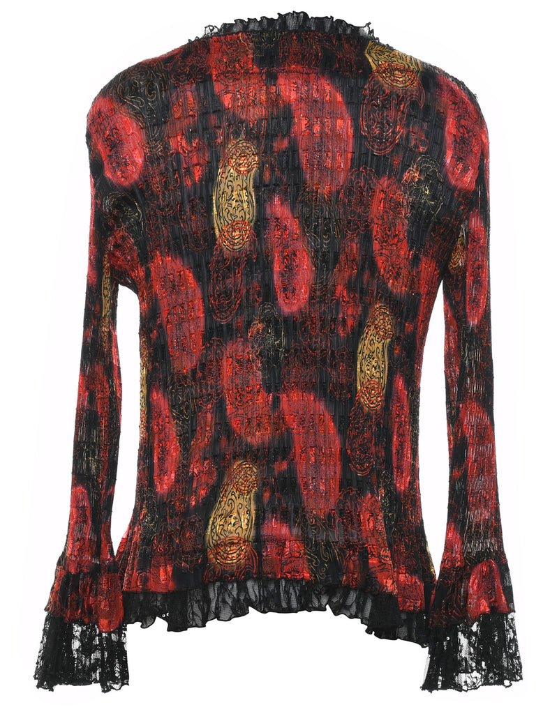 Floral Pattern Black & Red Sparkly Y2K Blouse - L