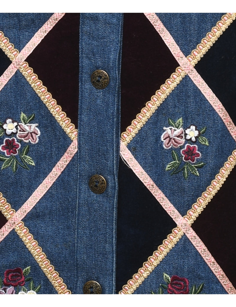 Floral Pattern Denim Jacket Vest - M