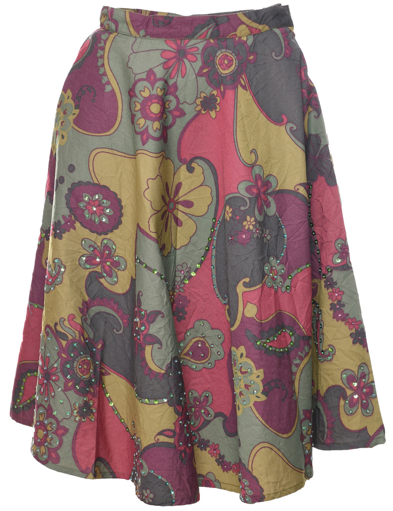 Floral Pattern Flared Skirt - M