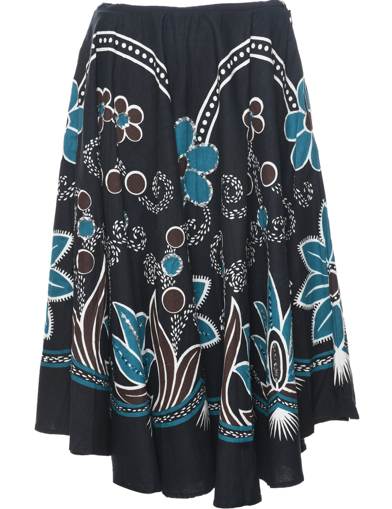 Floral Pattern Flared Skirt - M