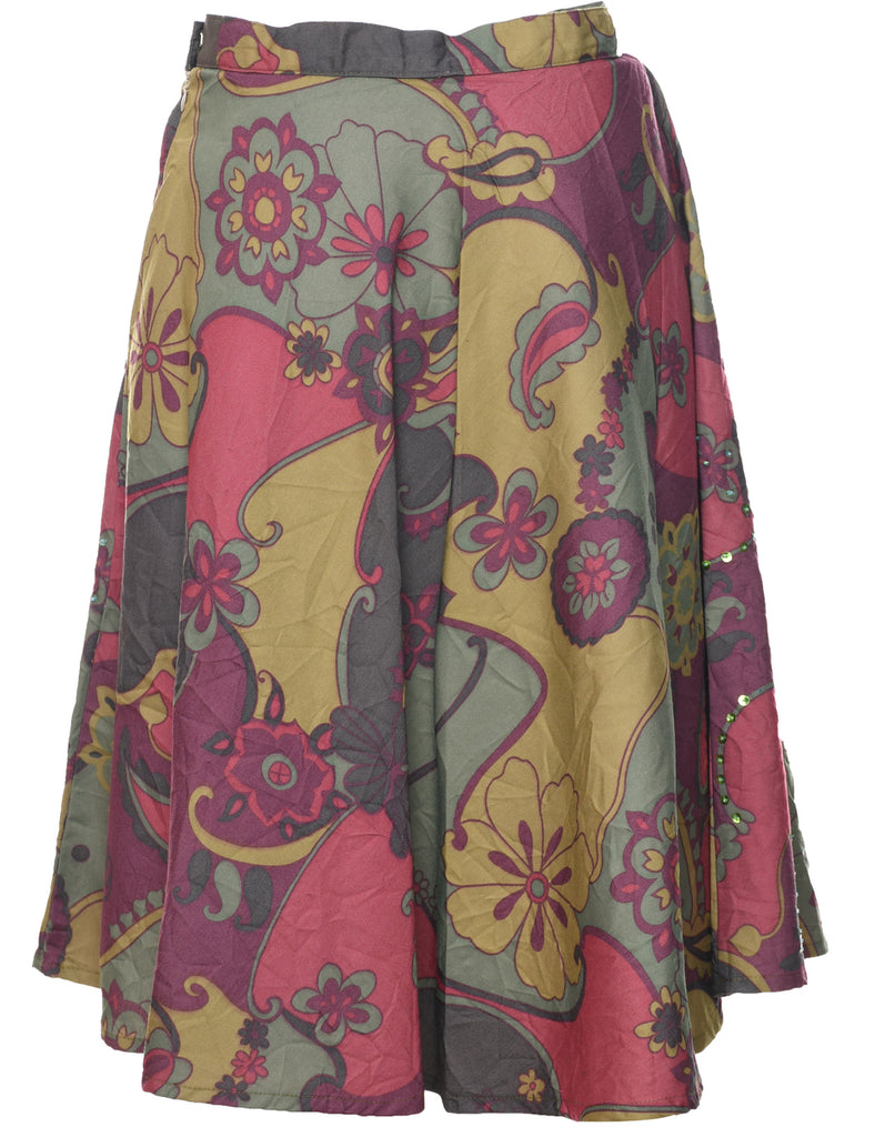 Floral Pattern Flared Skirt - M