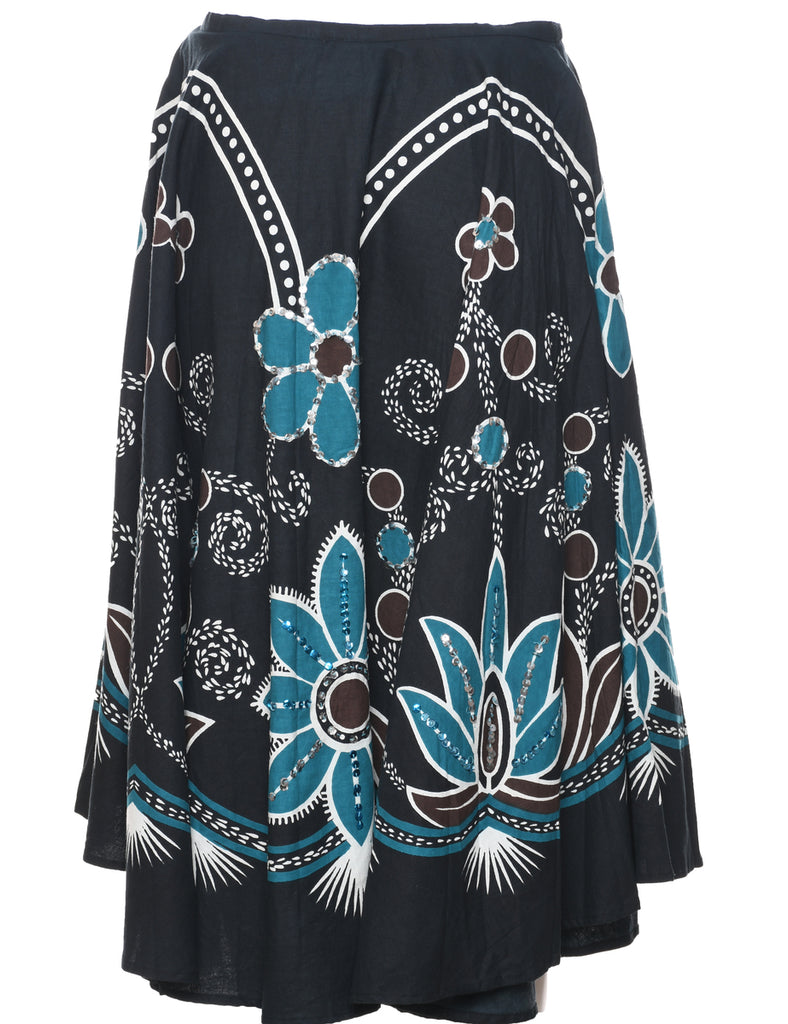 Floral Pattern Flared Skirt - M