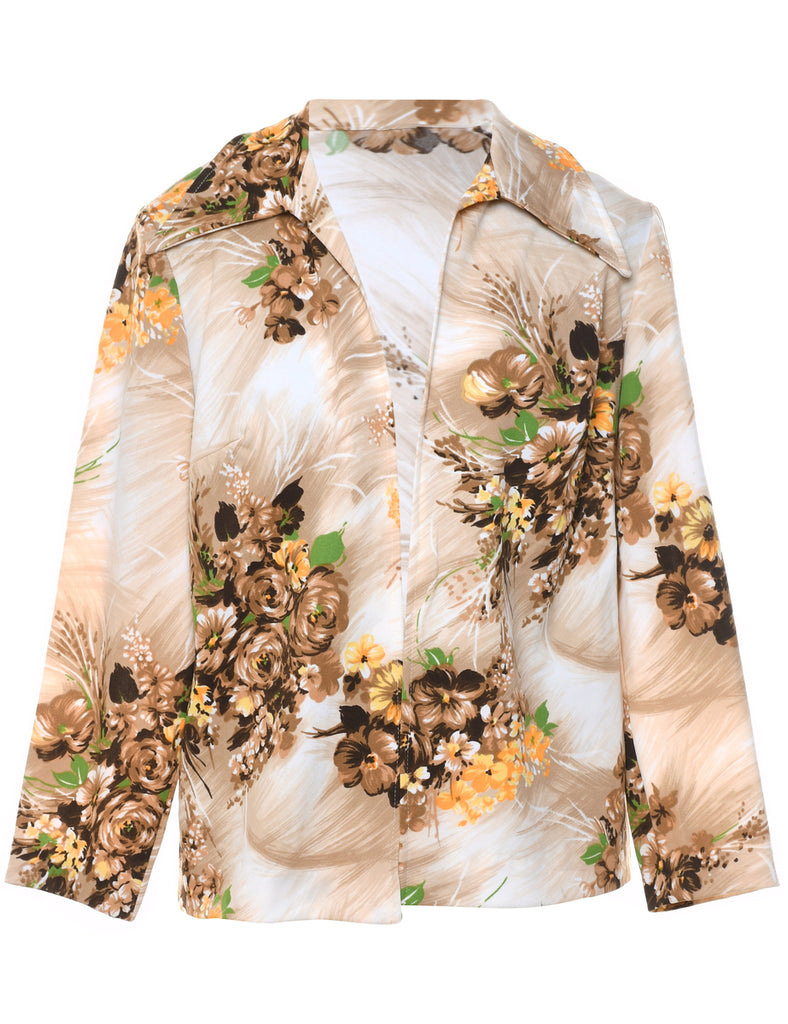 Floral Pattern Light Brown & Green 1970s Jacket - L