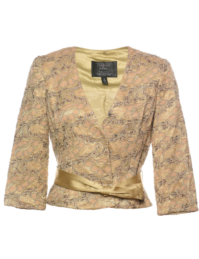 Floral Pattern Light Brown Lace Evening Jacket - M