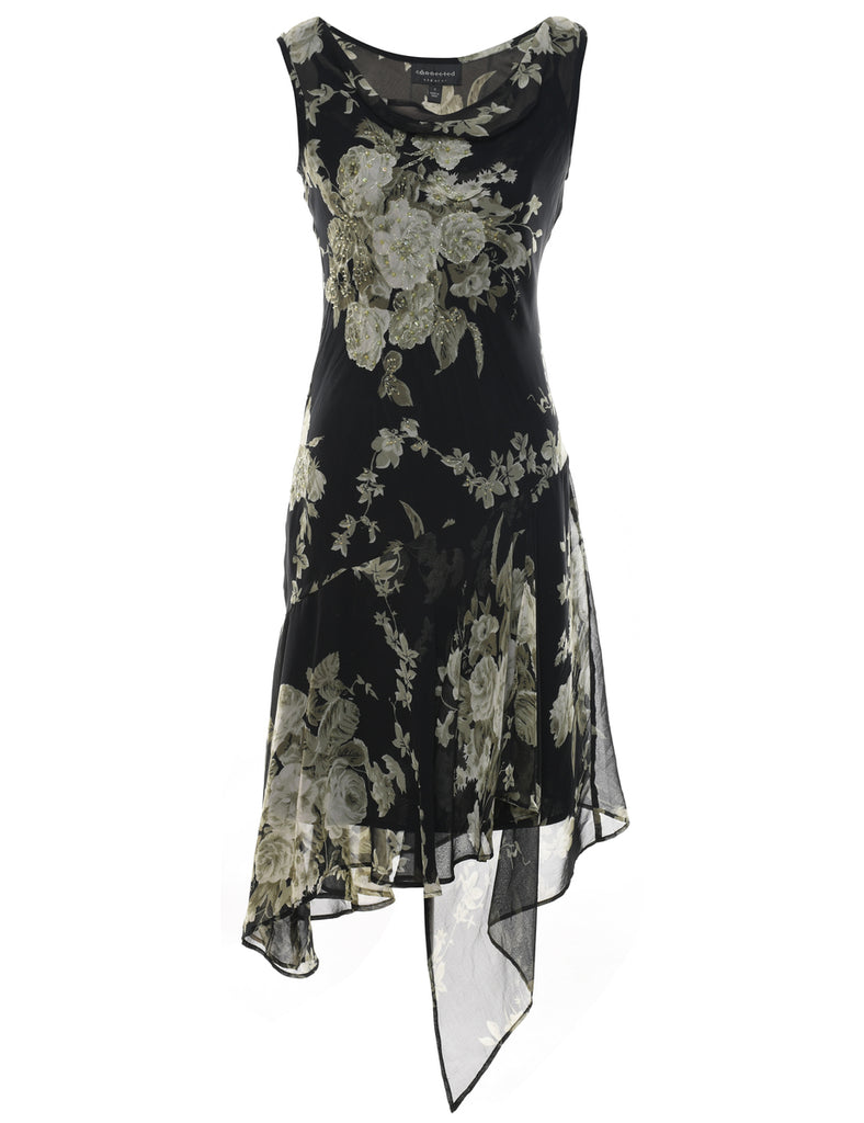 Floral Pattern Y2K Black & Light Green Asymmetric Hem Dress - S