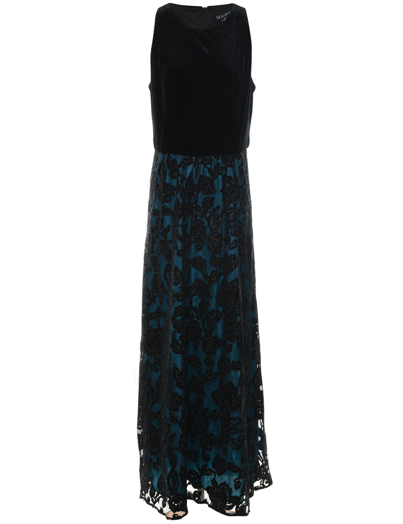 Floral Print Black & Blue Evening Dress - M