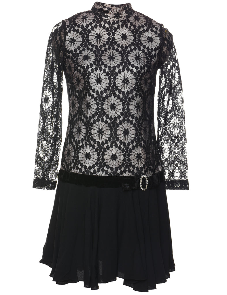 Floral Print Black & Grey Diamante Belt Dress - M