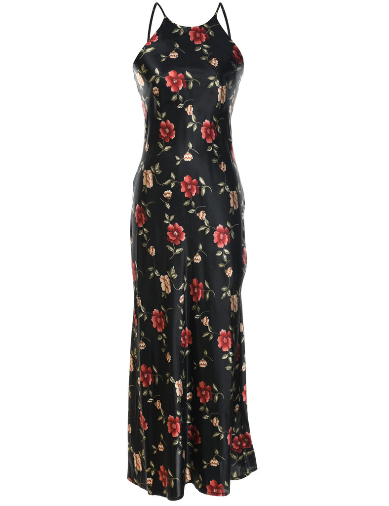 Floral Print Black & Red Evening Dress - M