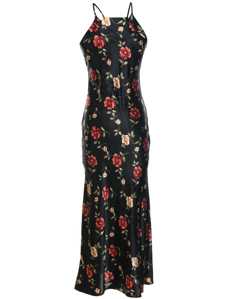 Floral Print Black & Red Evening Dress - M