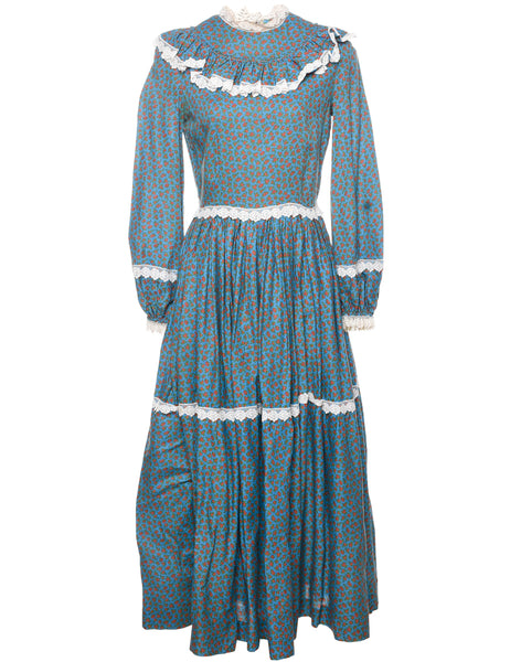 Women's Floral Print Blue & Red 1970s Prairie Style Maxi Dress Blue, M