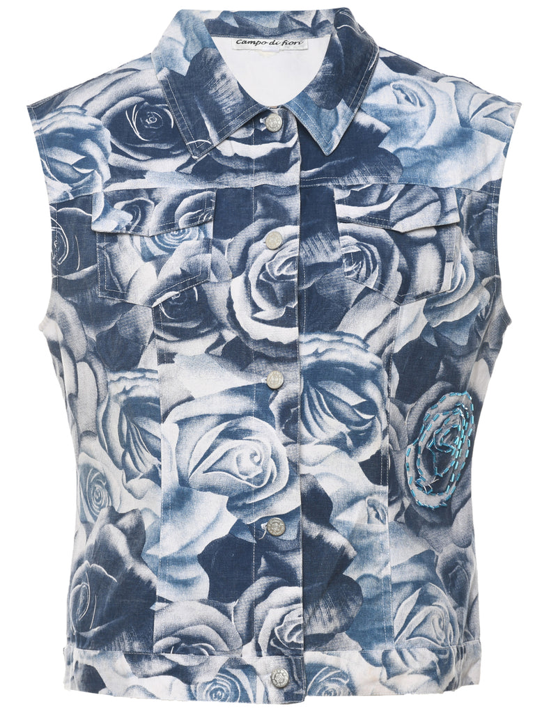 Floral Print Denim 1990s Vest - S