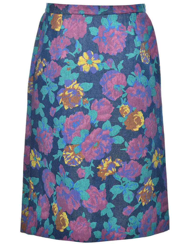 Floral Print Denim Skirt - M