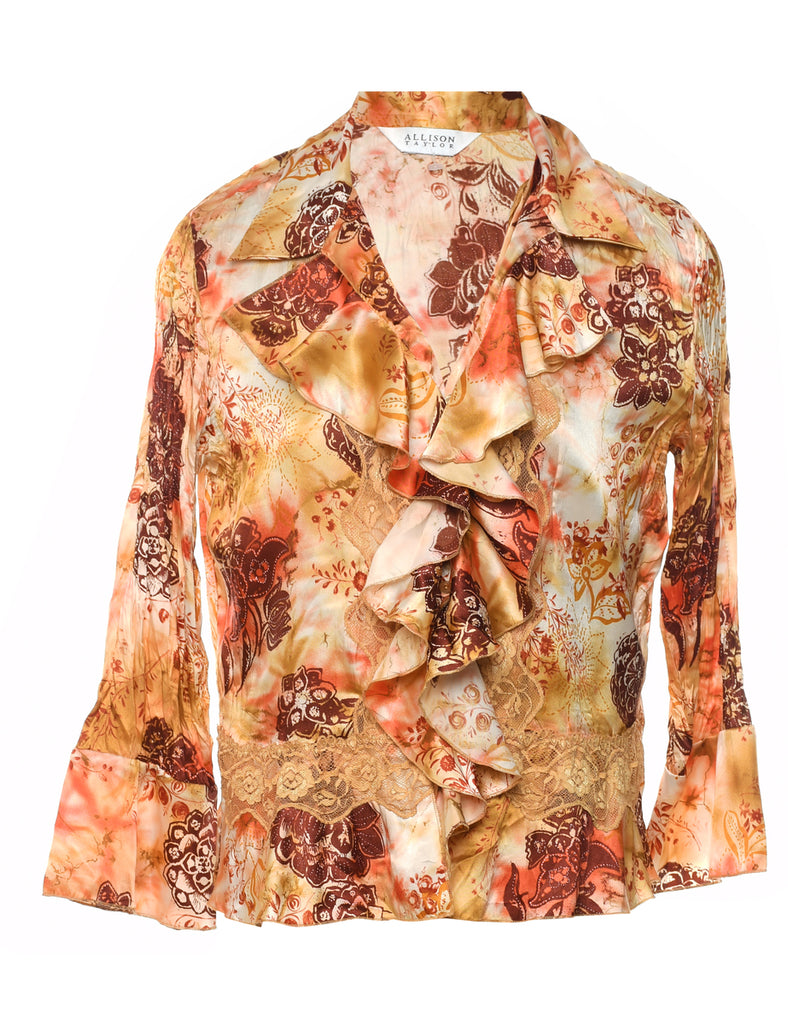 Floral Print Frilly Blouse - L