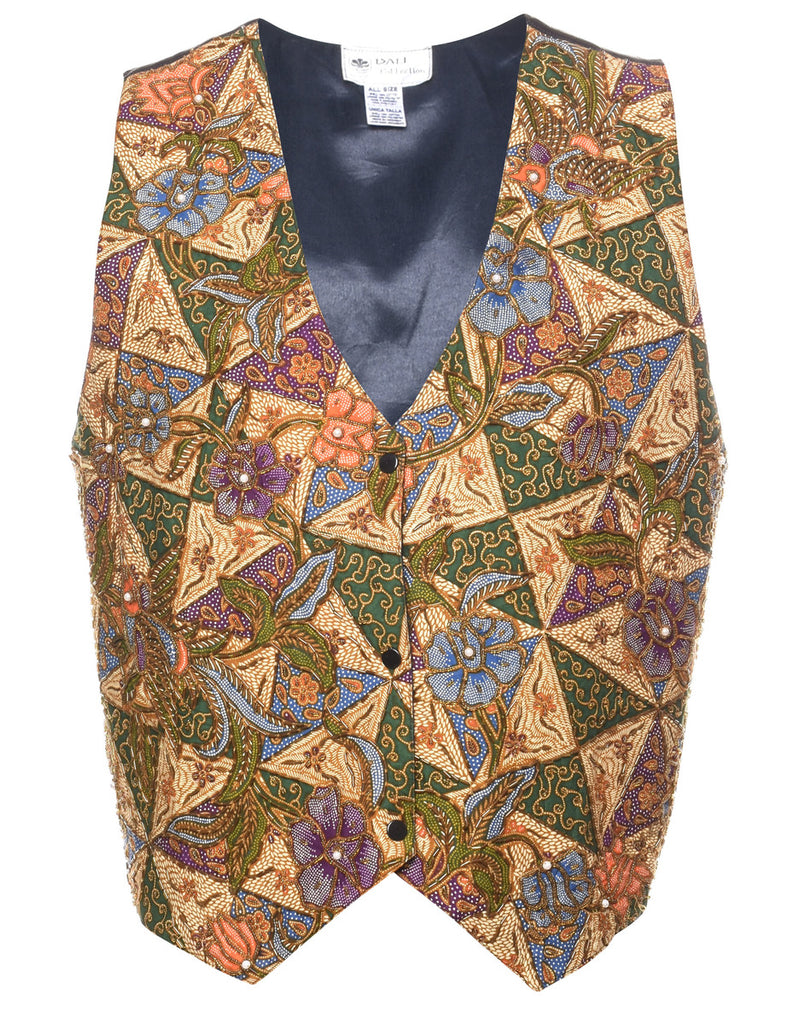 Floral Print Multi-Colour Beaded Waistcoat - L