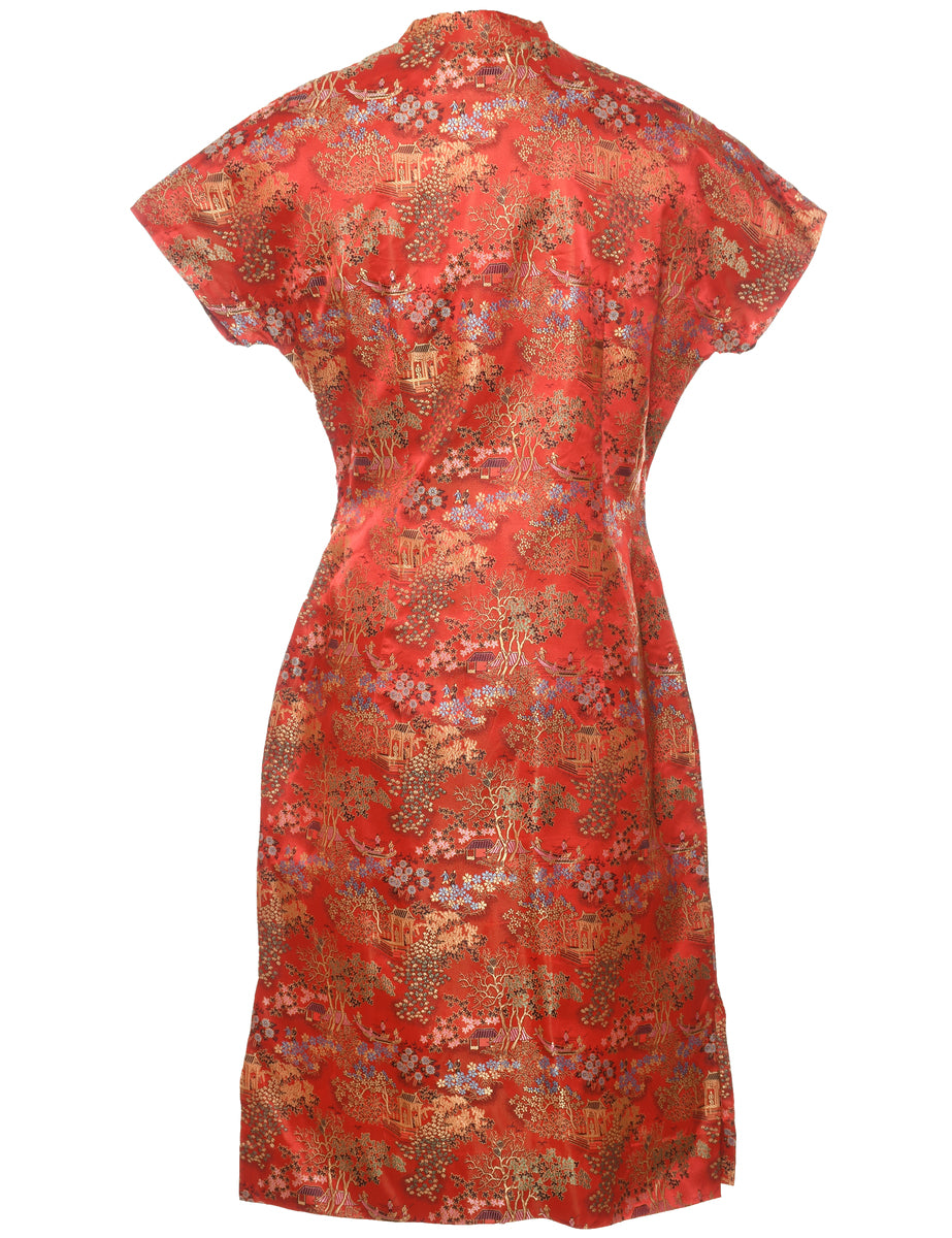 Women's Floral Print Red Brocade Design Cheongsam Collar Evening