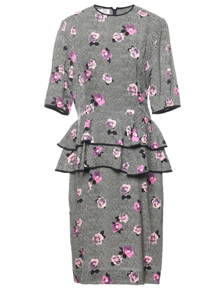 Floral Print Silk Peplum Dress - L