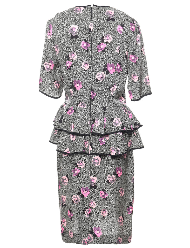 Floral Print Silk Peplum Dress - L