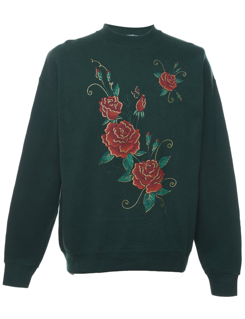 Floral Printed Green 1990s Sweatshirt - L