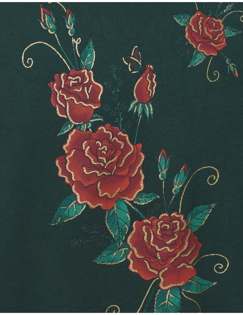Floral Printed Green 1990s Sweatshirt - L