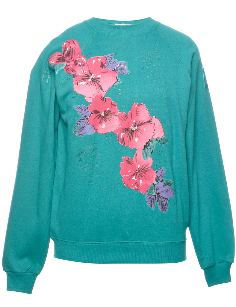 Floral Printed Green & Pink Sweatshirt - L